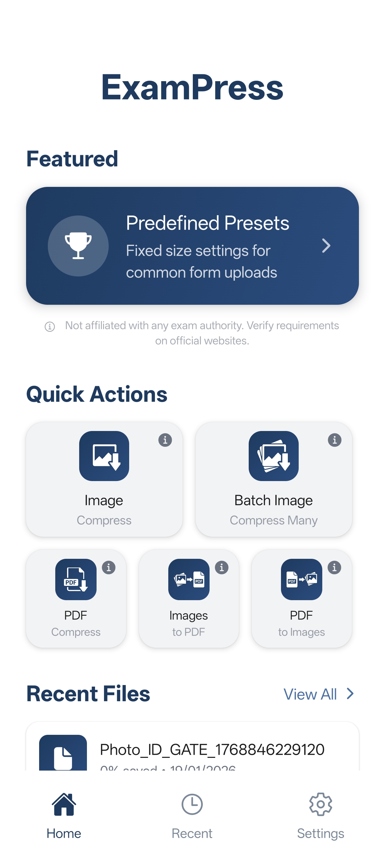 ExamPress Mobile App Home Screen