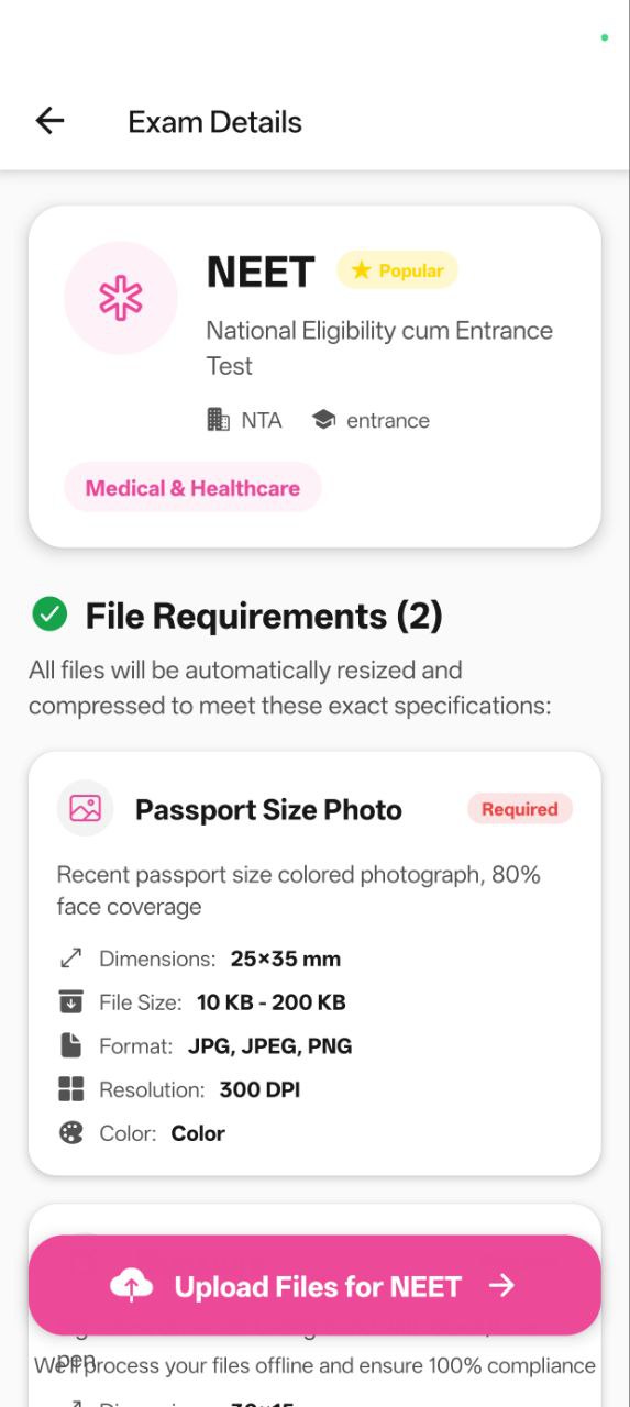 ExamPress Document Requirements Screen