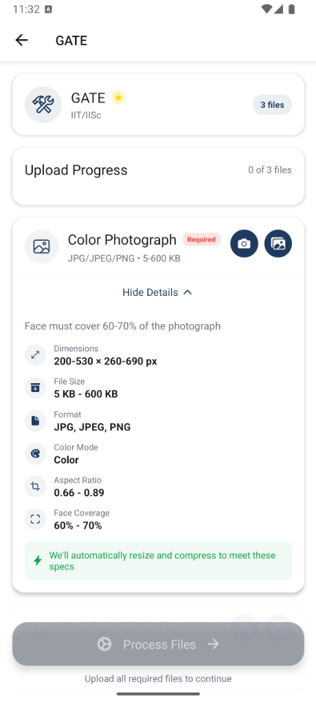 Upload Screen with Requirements