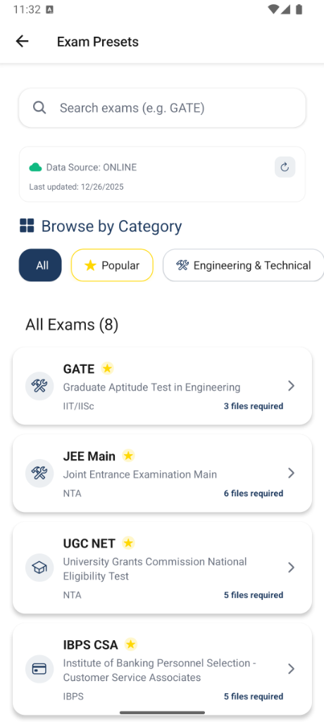 Exam Selection Screen